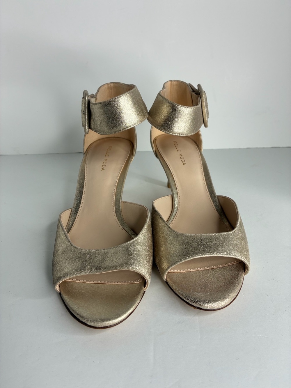 Pelle Moda Gold Ankle-Strap Open-Toe Heels